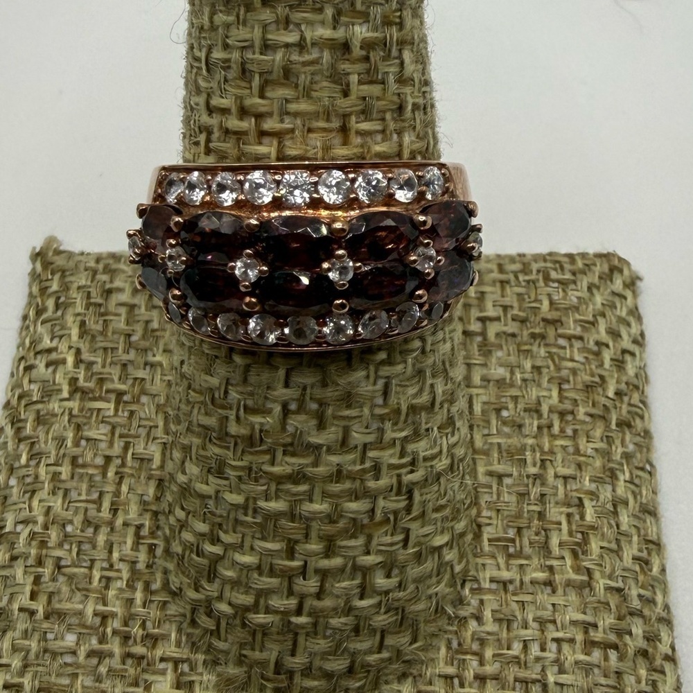 Garnet & White Topaz 925 Rose Gold Sterling Ring RJ China Size 8